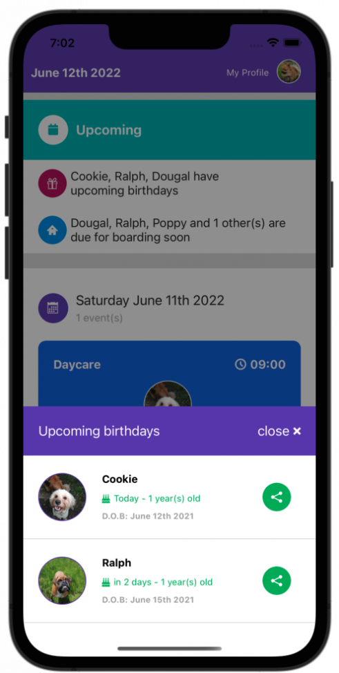 Mobile phone with a picture of a preview for upcoming events showing upcoming birthdays