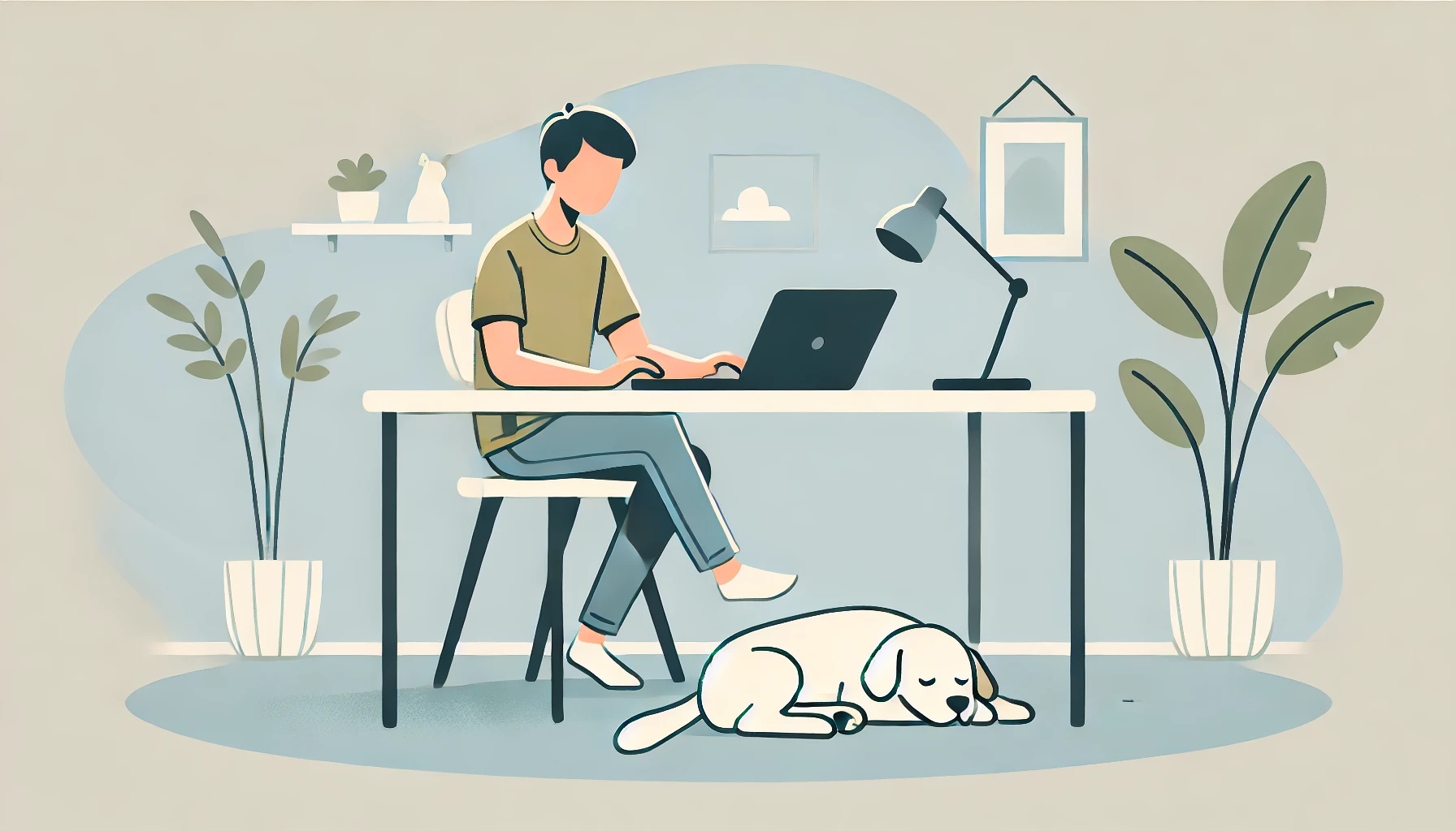 Image of a person working on their laptop at their desk with a dog sleeping on the floor