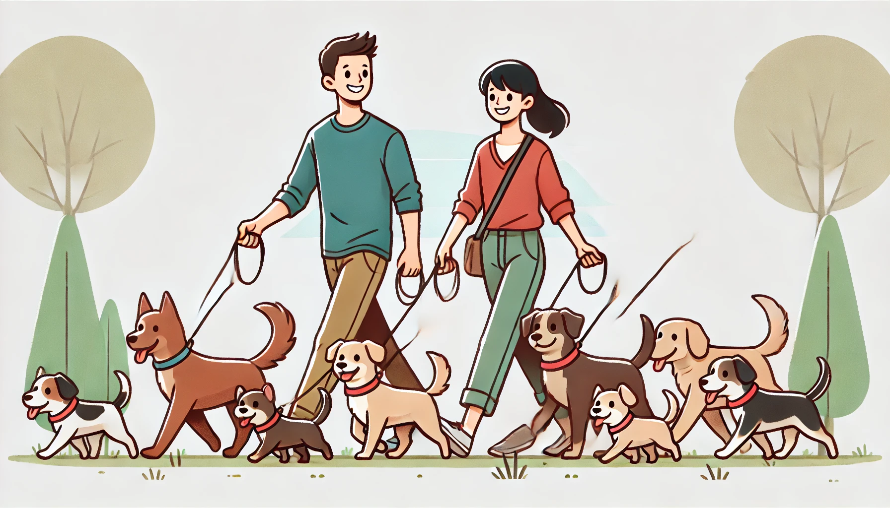 Cartoon image of professional dog walkers