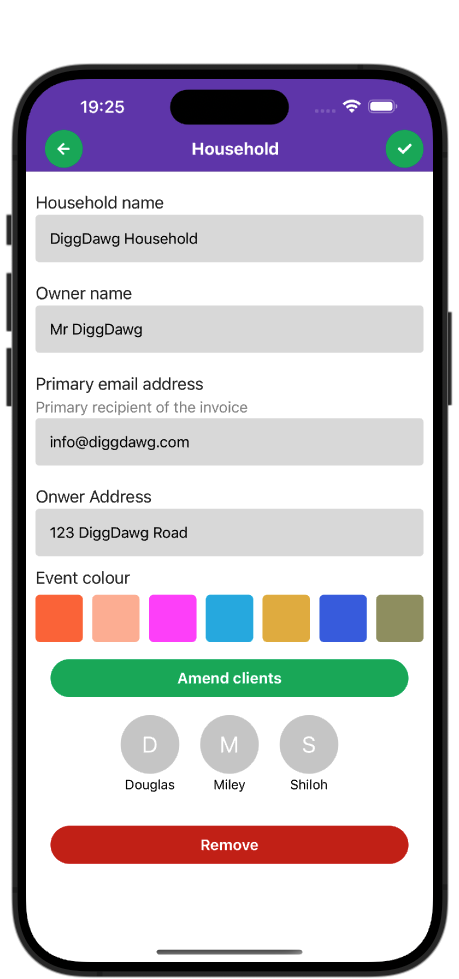 Image of DiggDawg app on a mobile device showing the household overview