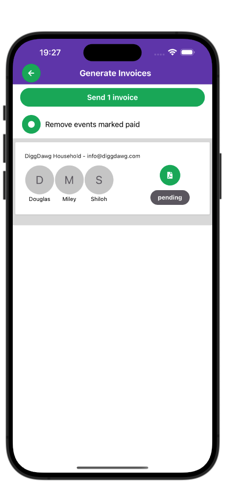 Image of mobile phone showing invoicing on DiggDawg