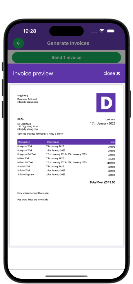 Image of mobile phone showing a preview of an invoice