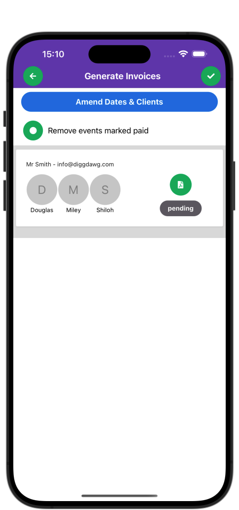 Image of mobile phone showing invoicing on DiggDawg