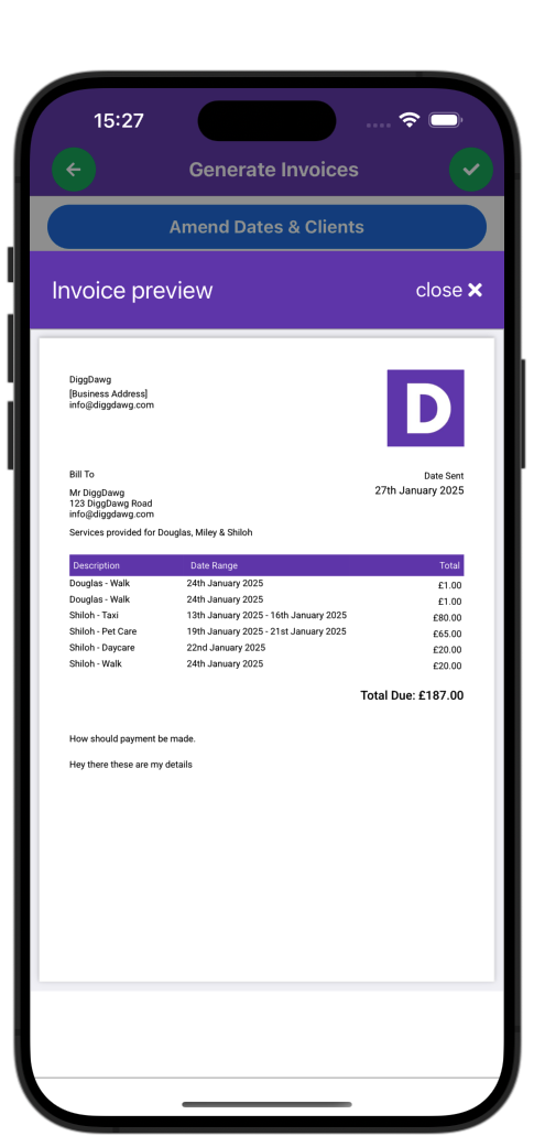 Image of mobile phone showing a preview of an invoice