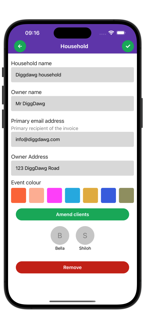 Mobile app image of the DiggDawg app showing a household